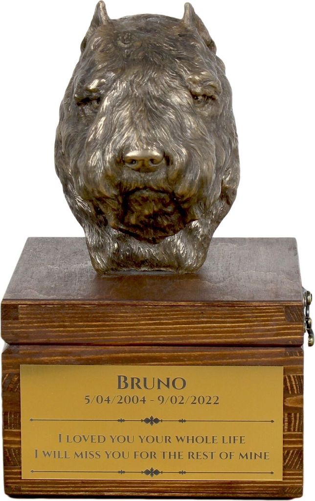 Flandrischer Treibhund, Bouvier des Flandres - Eine Ascheurne für Hunde mit einer Statuette, eine kleine Urne für Hunde, eine personalisierte Urn...