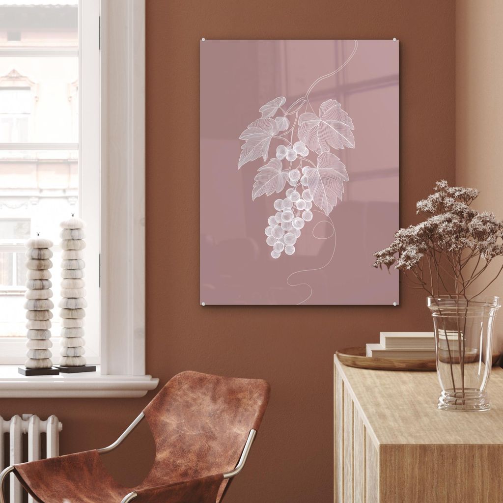 MuchoWow Glasbilder - Bilder auf Wandbild - Foto auf Glas Gebinde - Weintrauben - Illustration - Blätter 60x80 cm Wanddekoration aus Glas - Acrylg...