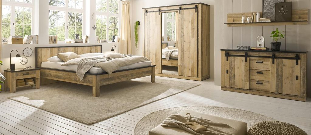 Schlafzimmer Set 6-teilig "Stove" in Used Wood hell und anthrazit mit Bett, Kleiderschrank, Wandboard, Sideboard und 2 x Nachttisch