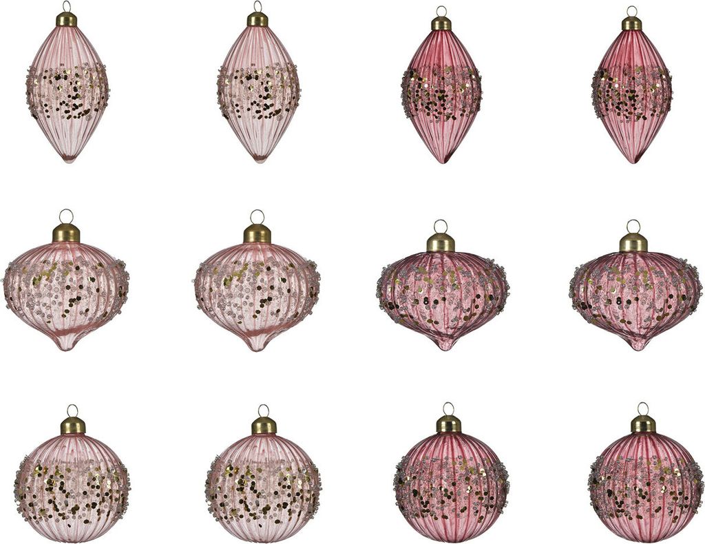 Weihnachtskugeln mit Oliven gerillt Glas 8cm rosa / samtpink, 12er Set