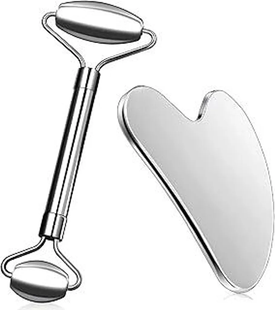 Kit Gua Sha e Rullo Viso Acciaio Inox: Massaggio 2 in 1 Professionale