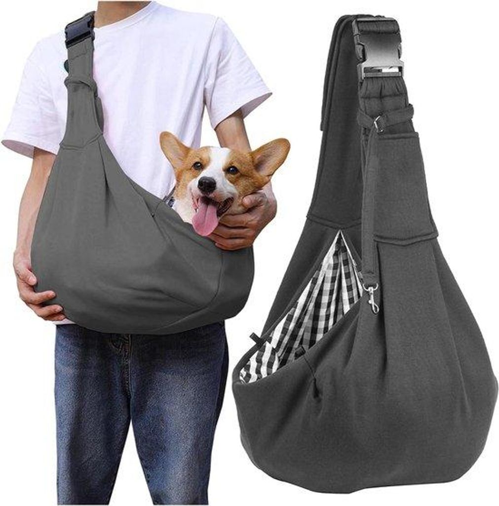 Leichter Grauer Schulterbeutel für kleine Hunde und Katzen bis 8 kg, ideal für Wandern