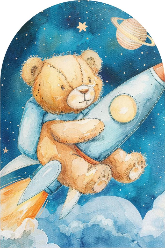 DEQORI Fototapete Rundbogen 120x180 cm 'Teddy auf Reisen' Wand Tapete Leinwand Sticker