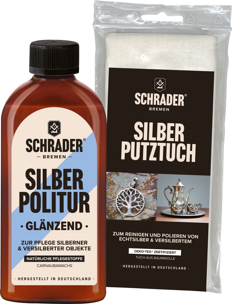 SCHRADER Silber Politur - glänzend - 250ml - für Echtsilber und Versilbertes - inklusive Silberputztuch