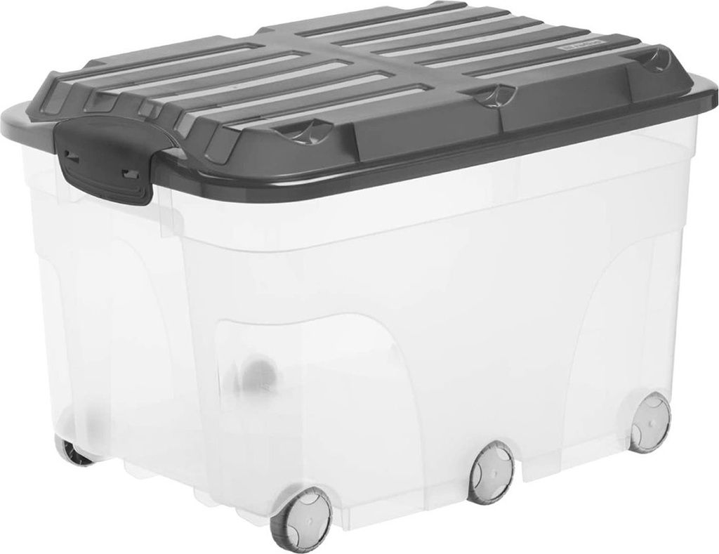 A clear studio shot of a transparent storage box with a gray lid and wheels.
