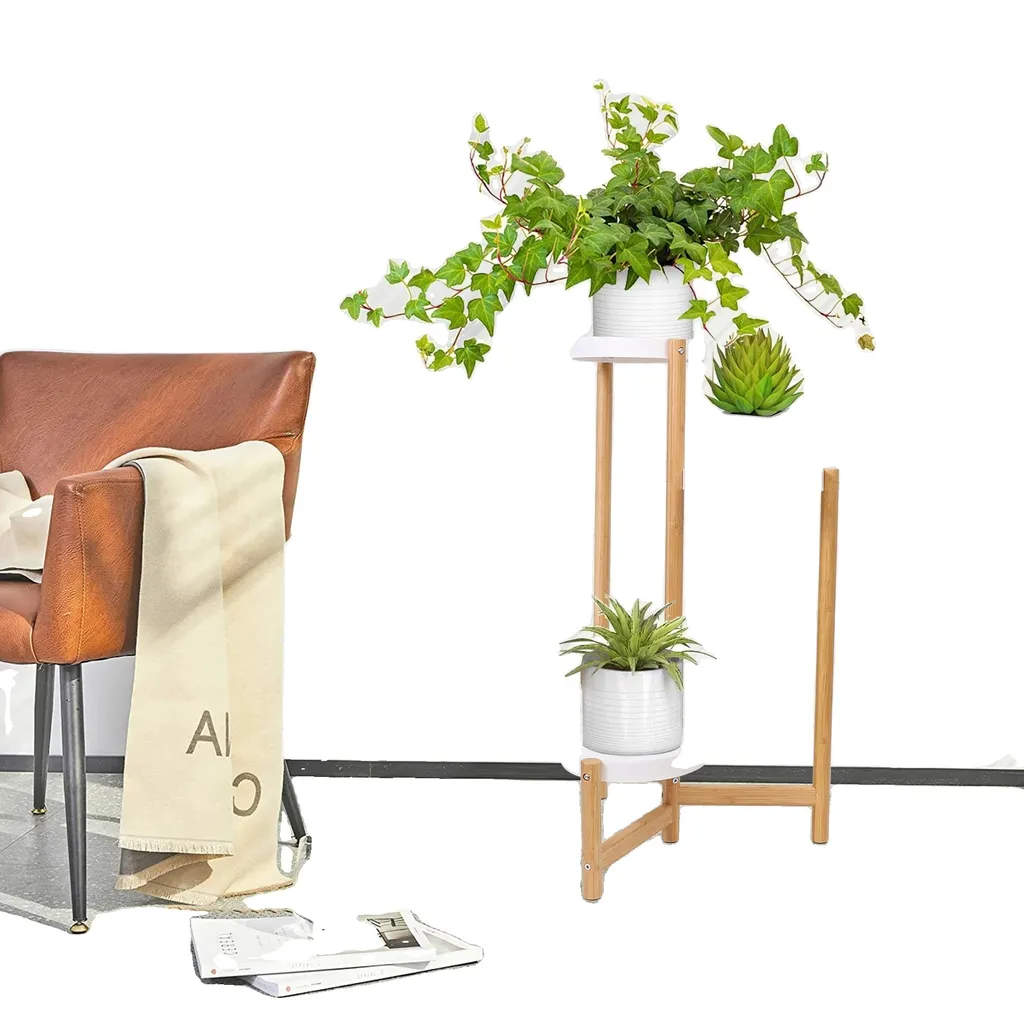 Support plantes gain de place, étagère haute 3 niveaux en bambou doré