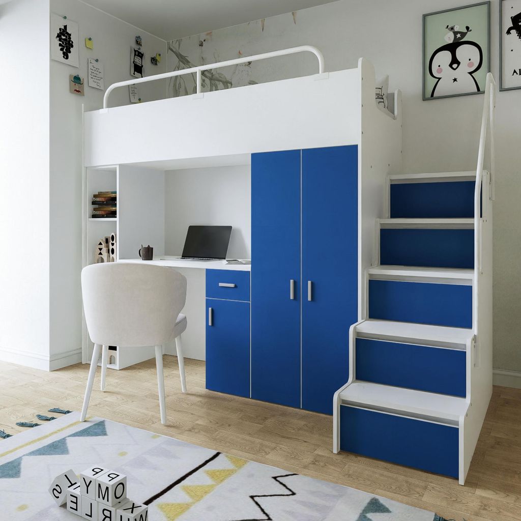 Marlux-Meble Hochbett Kinderbett JSM-4 90x200 mit Kleiderschrank Schreibtisch und Treppe Matt Kinderbetten Funktionsbett Etagenbett Stockbett Kinde...