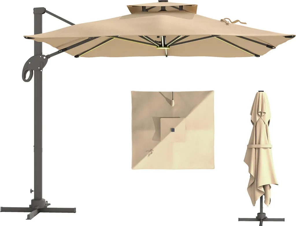 Parasol déporté LED carré 3x3m Outsunny pivotant 360° beige avec manivelle