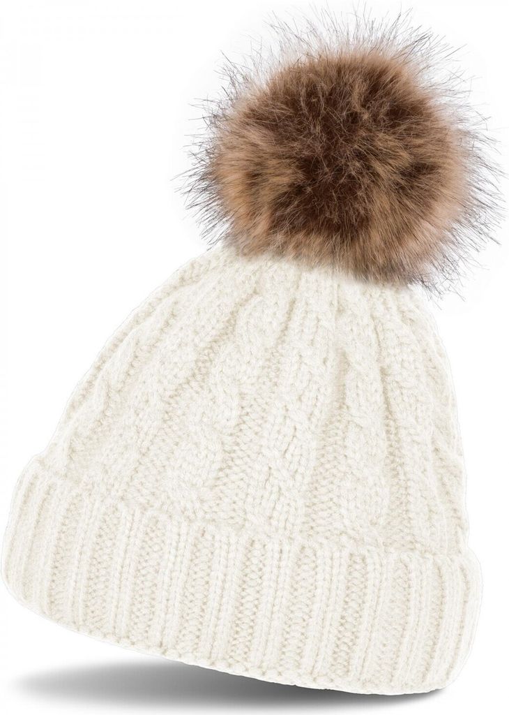 styleBREAKER Zopfmuster Bommelmütze, Strickmütze mit Fellbommel, Winter Beanie Mütze, Uni 04024064