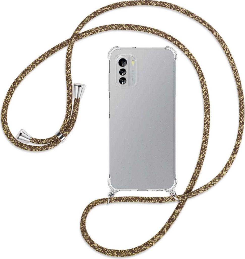 Handykette Backcover-Schutzhülle mit Band (Metall silberfarben) für Nokia G60 5G (6.58'') - braun+beige