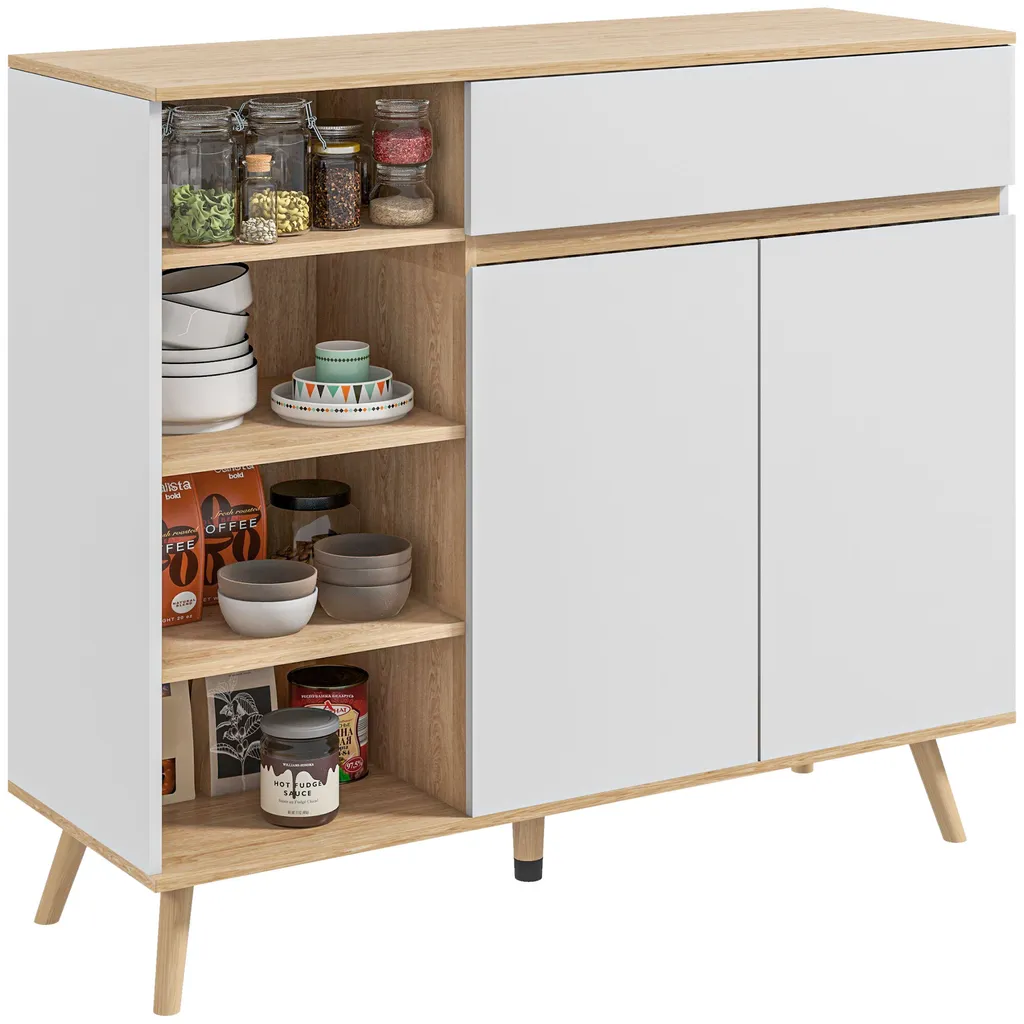 Buffet Rangement Blanc 4 Niches et Tiroir Style Nordique 119x40 cm