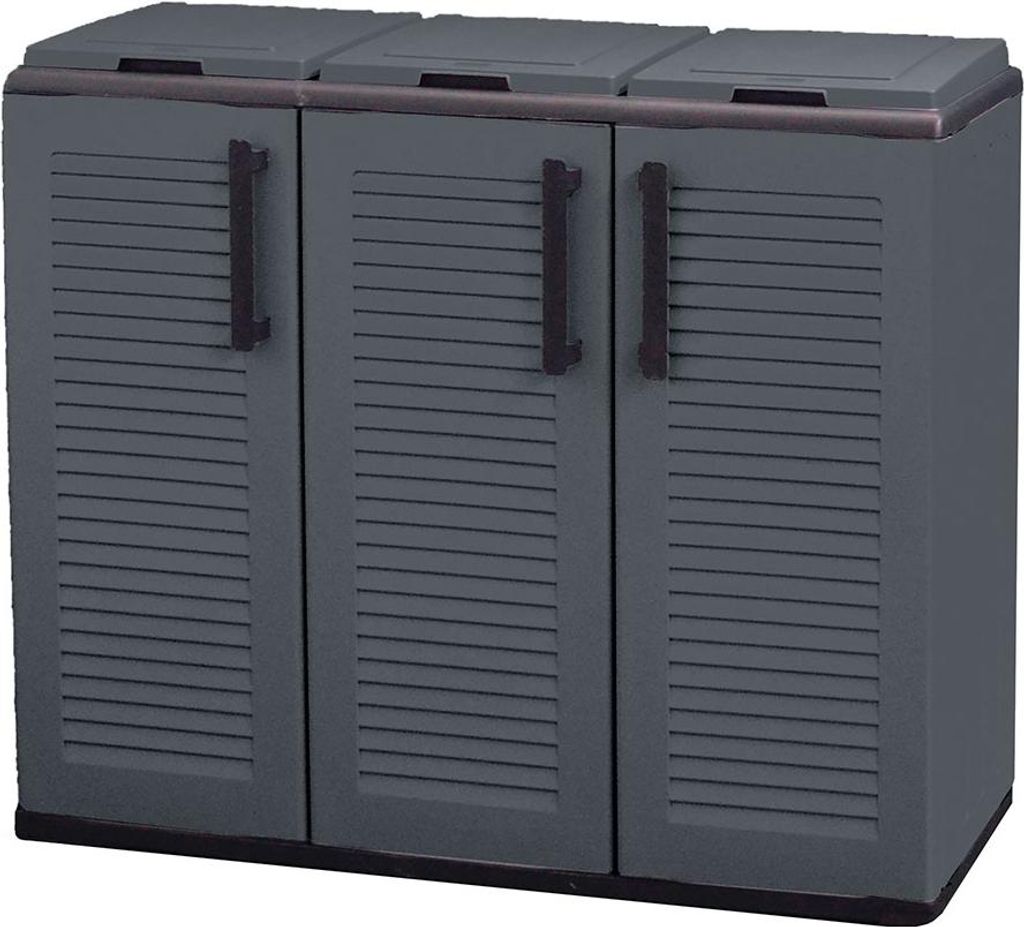 Niedrige Polypropylen-Schrank, Eco Easy Linie, 3-teiliger Mülltrennschrank mit Deckeln, Dunkelgrau, 102 x 37 x 84 cm