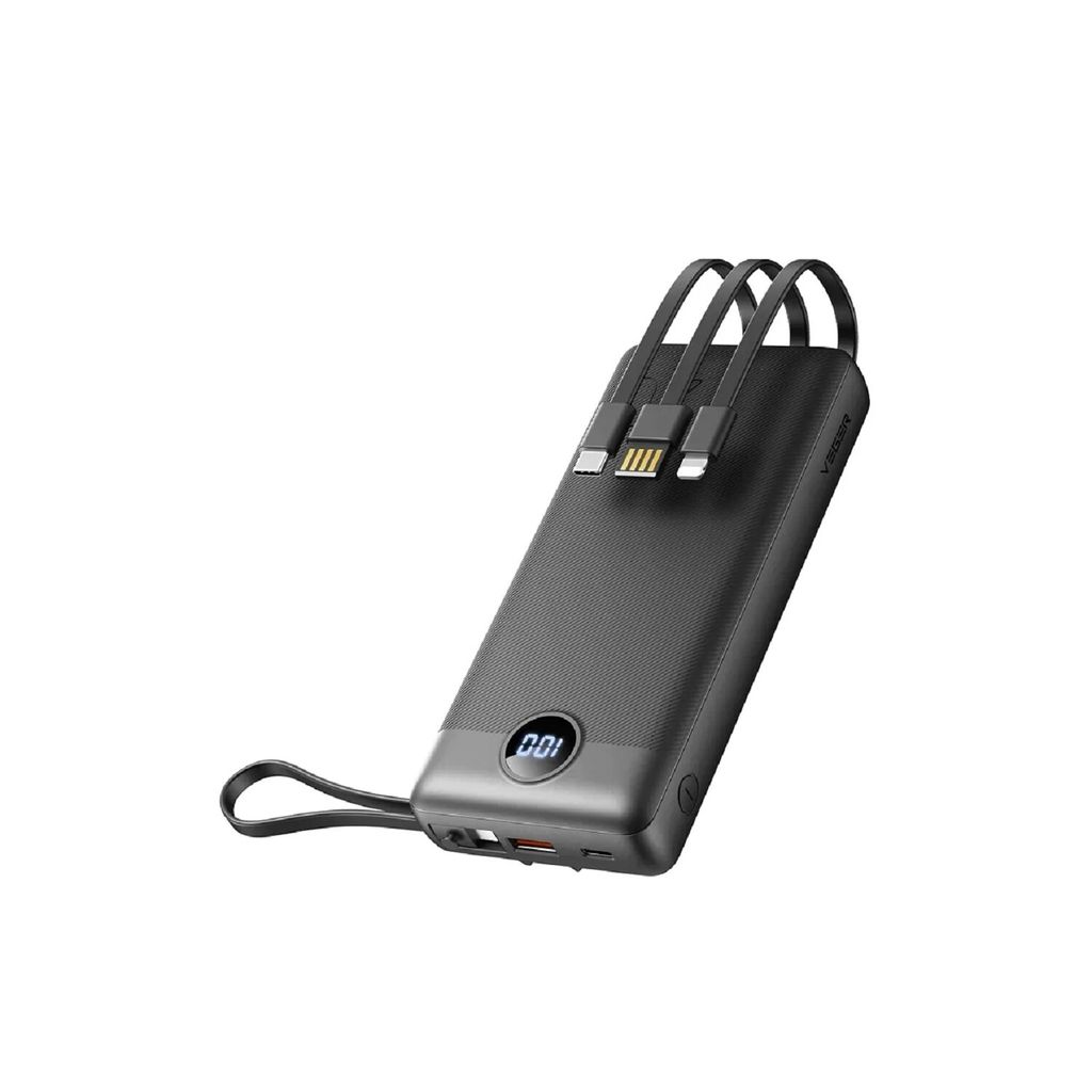 VEGER Powerbank 20 000 mAh mit integriertem Micro USB / Typ C / Lightning C20 Kabel (W2047 / W2059) schwarz