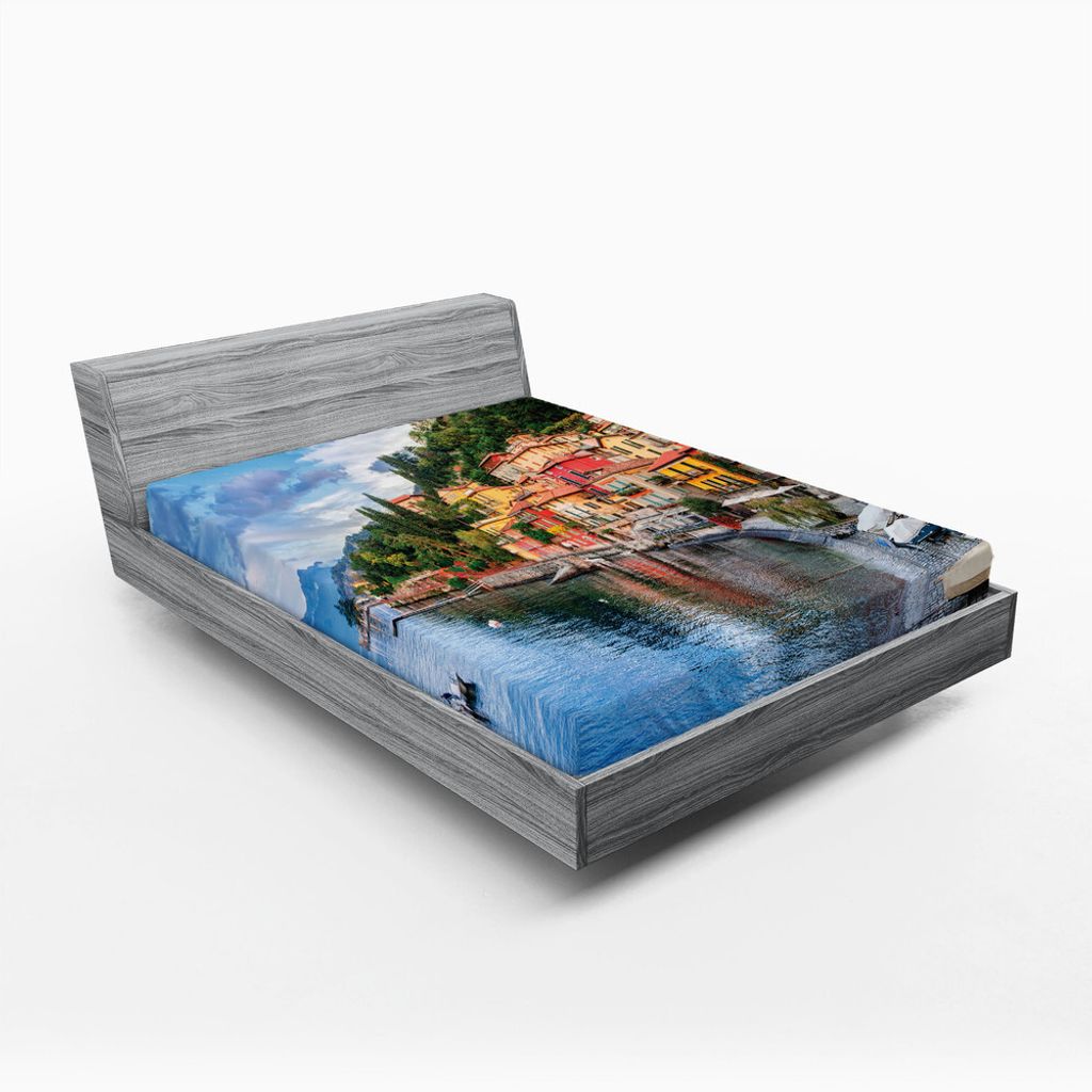 ABAKUHAUS Italienisch Spannbetttuch, Italienische Häuser Sommerdorf am Mittelmeer mit Idyllisches Stadtpanorama, 180 x 200 cm, Mehrfarbig