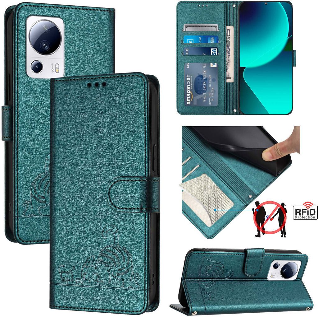 Leder Hülle für Xiaomi 13 Lite /Xiaomi Civi 2 Süße Katze Flip Case Brieftasche Schutzhülle mit Standfunktion Grün