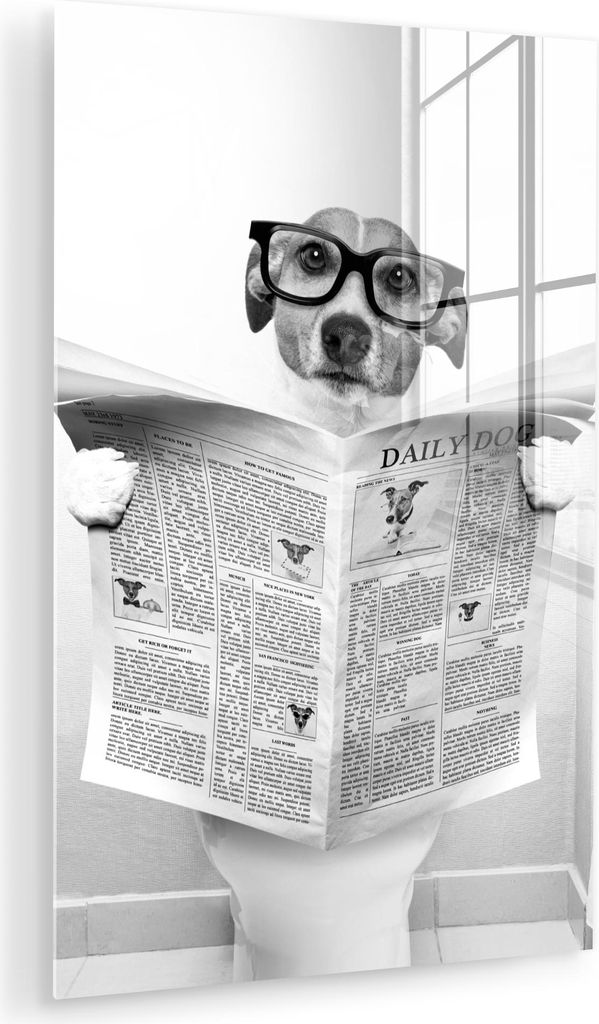 MuchoWow Glasbilder - Bilder auf Wandbild - Foto auf Glas Hund - Zeitung - Toilette - Schwarz und weiß - Tiere 20x30 cm Wanddekoration aus Glas - ...