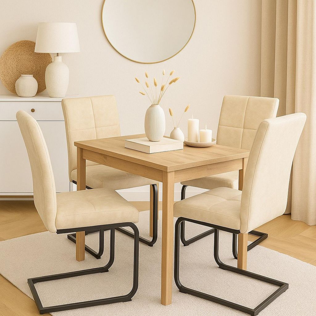 Tischgruppe Essgruppe 5-teilig, Eiche/Schwarz/Creme