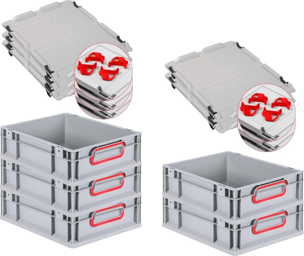 SparSet 5x Eurobox NextGen Color mit Auflagedeckel und Schiebeschnappverschlüsse | HxBxT 12x30x40cm | 11 Liter | Grau | Griffe rot geschlossen | G...