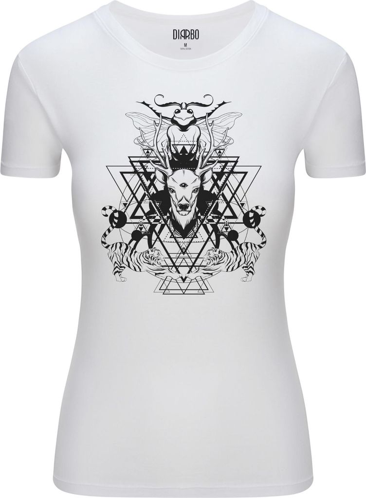 Diarbo Damen T-Shirt mit Abstraktem Druck Surrealer Hirsch und Tiger Weiß Gr.XL