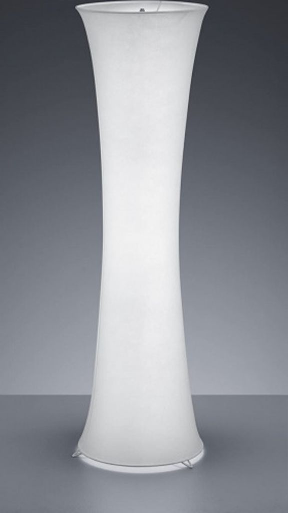 A tall, white, fabric floor lamp with a curved, hourglass shape.
