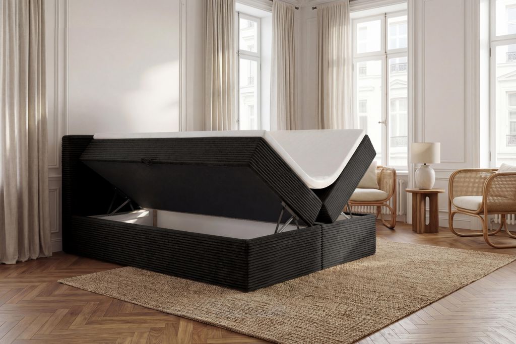 TRADA Boxspringbett TILIA 180×200 mit TOPPER mit Bettkasten Bonell H3 Schwarz