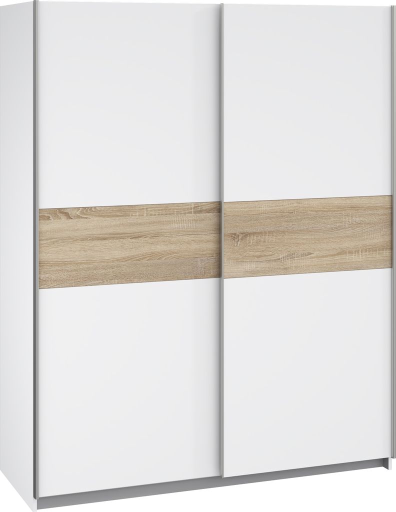 Schiebetürenschrank >WINNER< 2 Böden, 2 Stangen, Weiss / Sonoma Eiche - 150x190,5x61,2cm (BxHxT)