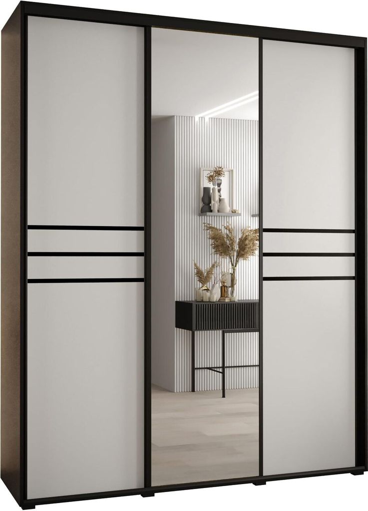 MEBLE KRYSPOL Cannes 11 Schrank mit 3 Schiebetüren - 205,2x200x60 cm - Schwarz Weiß Schwarz