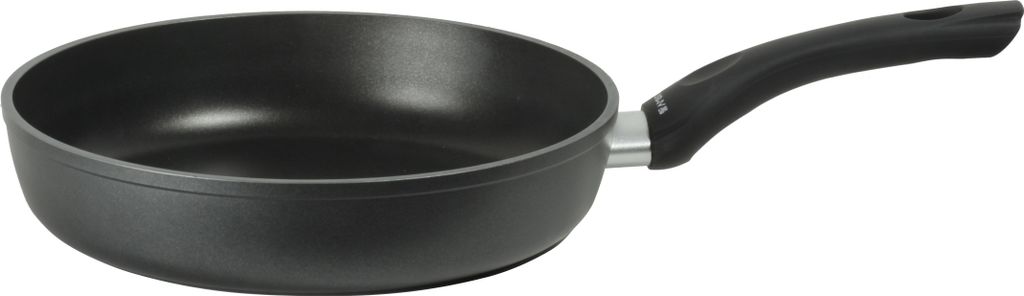 A black frying pan with a black handle is shown against a white background.
