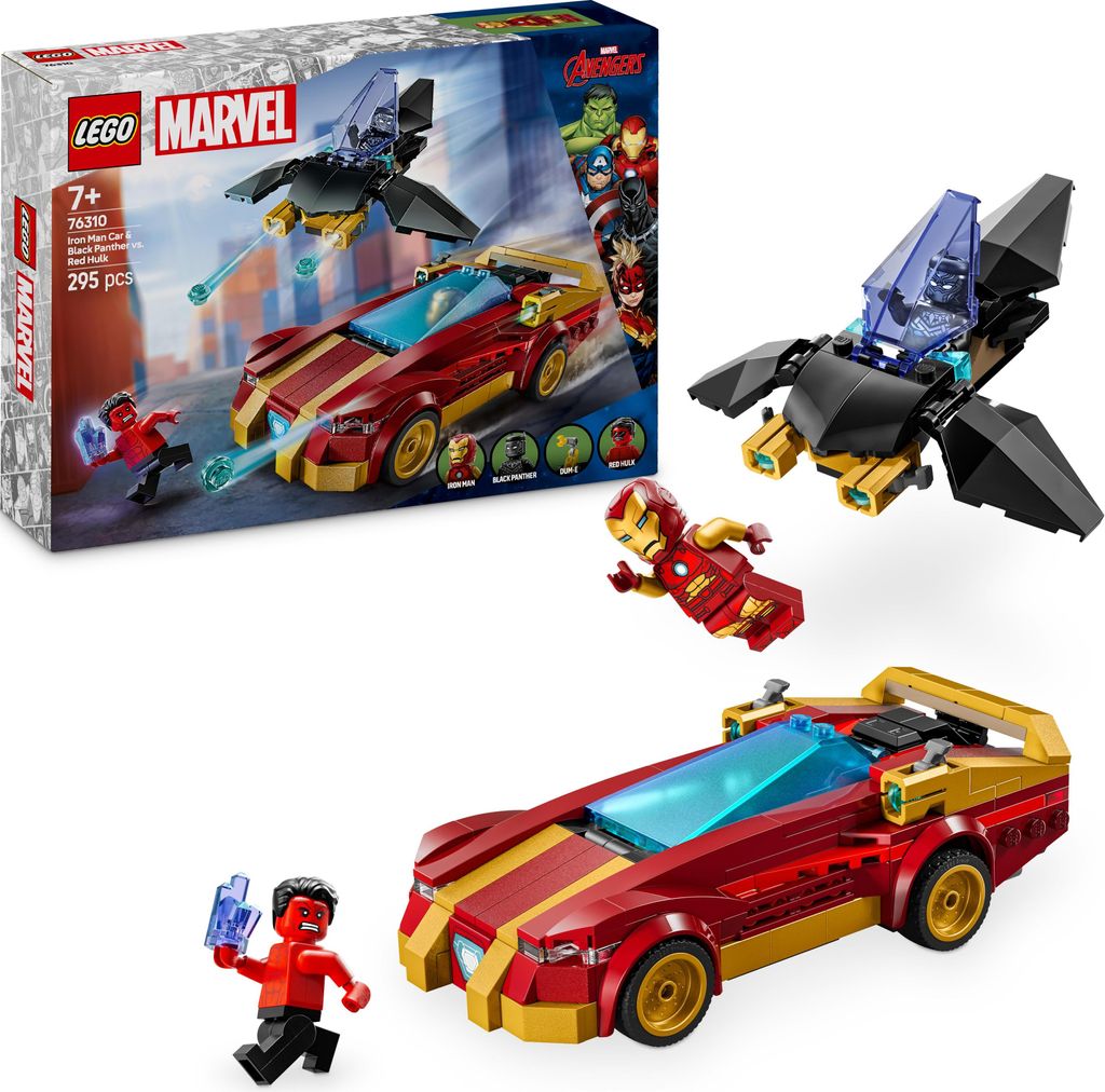 LEGO Marvel Iron Man Auto und Black Panther vs. Red Hulk - Superhelden Spielzeug mit 3 Minifiguren - Inkl. Flugzeug mit Shootern und Dum-E Figur - ...