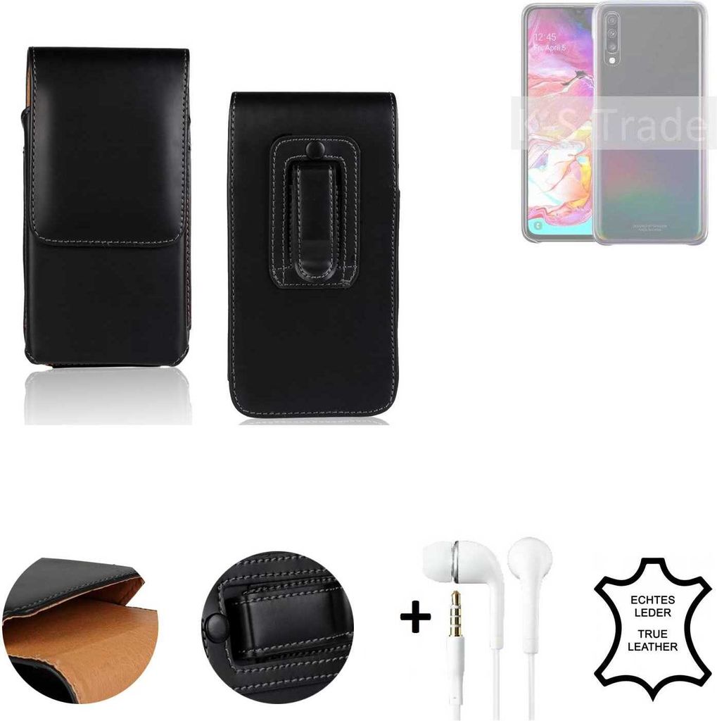 K-S-Trade Leder Gürteltasche + Kopfhörer kompatibel mit Samsung Galaxy A70 Seitentasche Belt pouch Holster Handyhülle Schutz Hülle Etui schwarz 1x