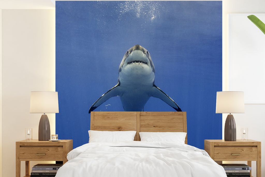 MuchoWow Fototapete für Wohnzimmer oder Schlafzimmer Wandtapete Vinyl Motivtapete Weißer Hai schwimmt auf die Wasseroberfläche zu - 200x220 cm...