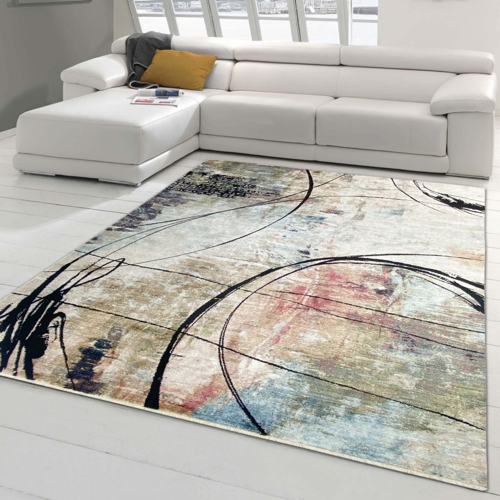 Abstrakt-moderner Teppich | Seidenoptik weich | blau schwarz Größe - 200x280 cm