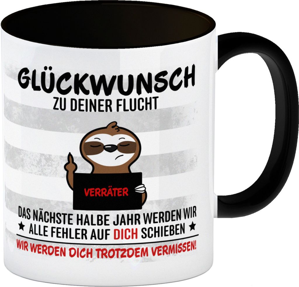 Glückwunsch zur Flucht, Verräter Mittelfinger Kaffeebecher in schwarz mit