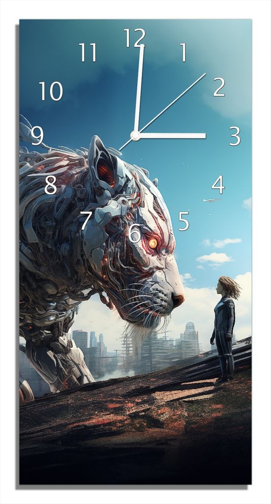 Wallario Design Wanduhr Cyber-Tiger aus Echtglas, Größe 30 x 60 cm