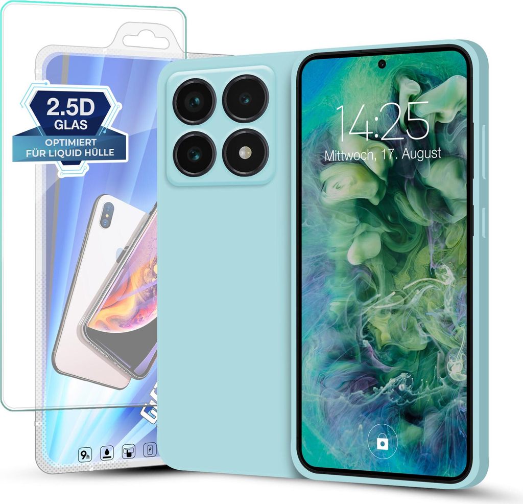 Hülle für Xiaomi 14T mit 9H Displayglas Displayschutz Plus Case Cover Bumper Silikon Softgrip Schutzhülle Farbe: Hellblau