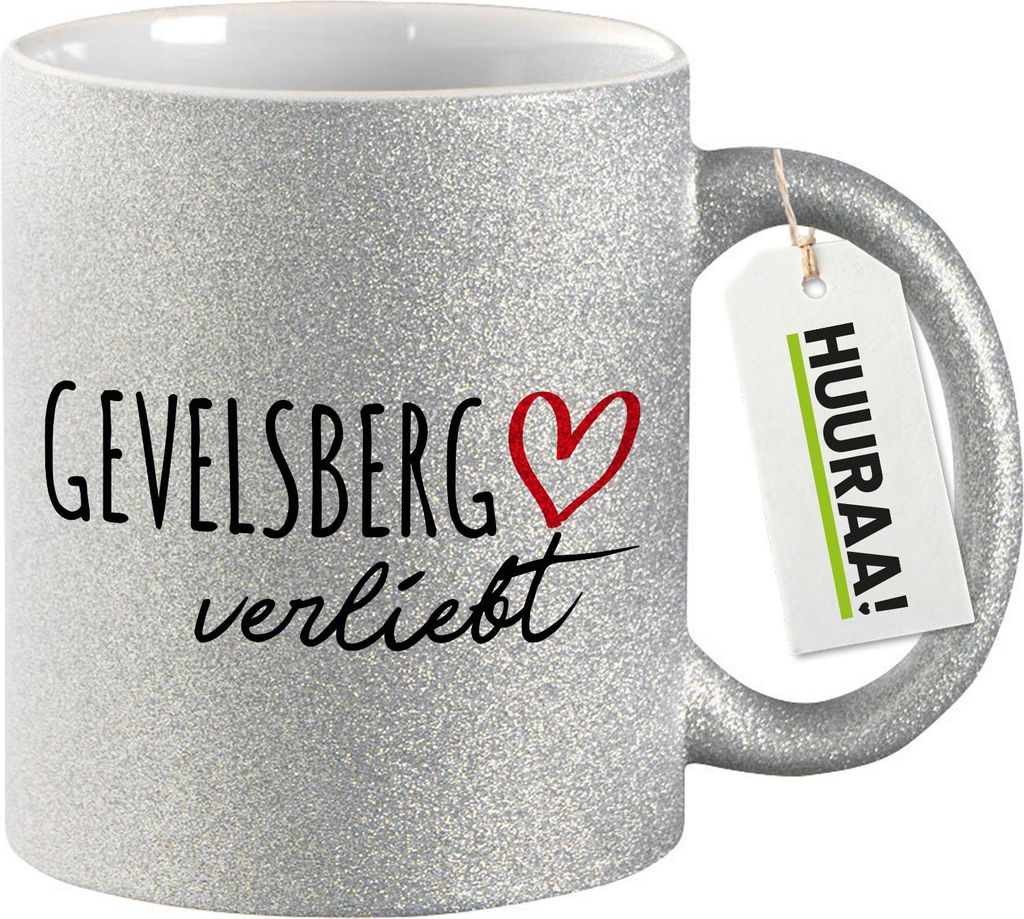 Huuraa Glitzertasse Gevelsberg verliebt 330ml Silber Keramik Kaffeebecher Geschenkidee