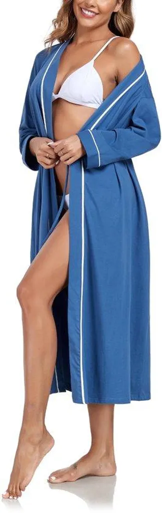 Robe de chambre femme longue style kimono avec poches en bleu azur S