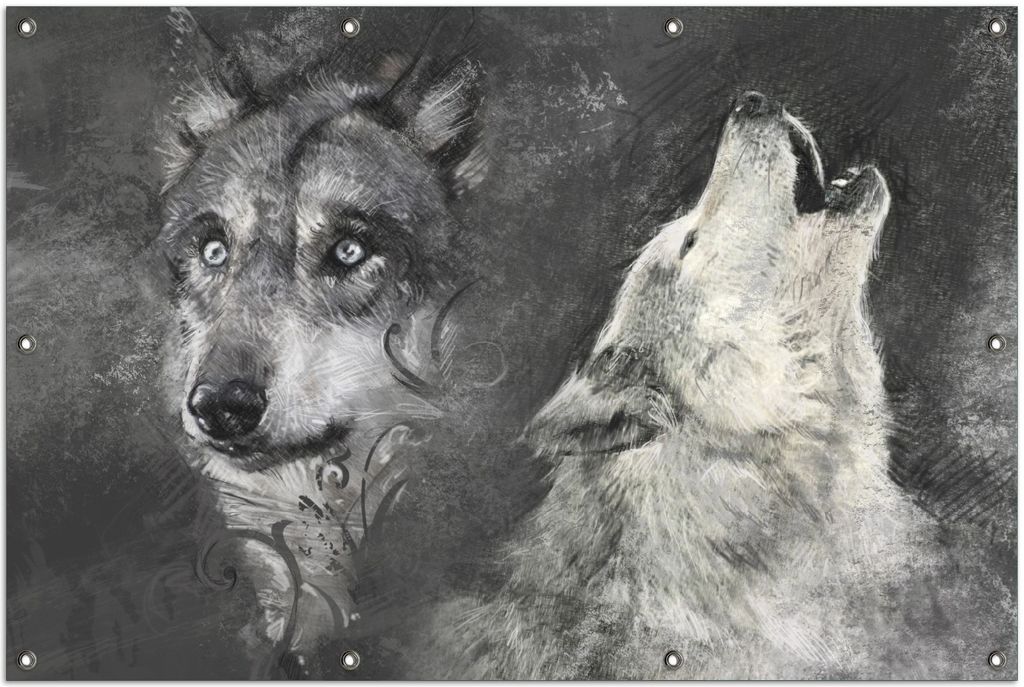 Wallario Outdoor-Poster für Garten oder Balkon, Motiv Zeichnung von Wölfen, in ca. 100 x 150 cm
