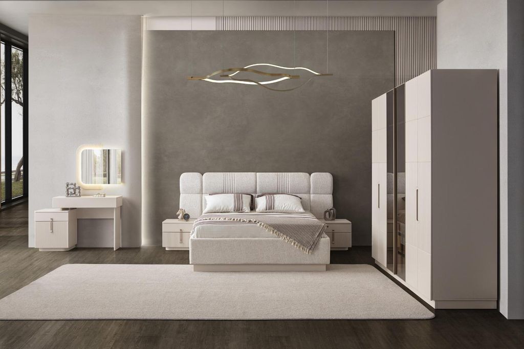 Beige Schlafzimmer Garnitur Edles Bett Holzschrank Schminktisch