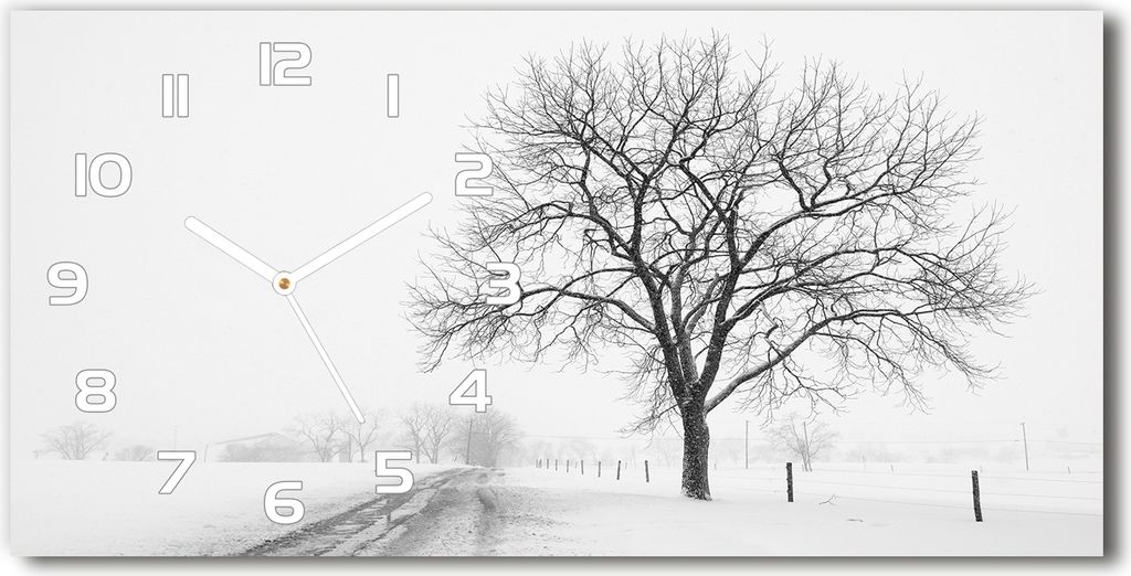 Wanduhr aus Glas – 60x30 cm - Glasbild - Glasuhr - Gehärtetes Glas - weisse-zeiger - Winterbaum