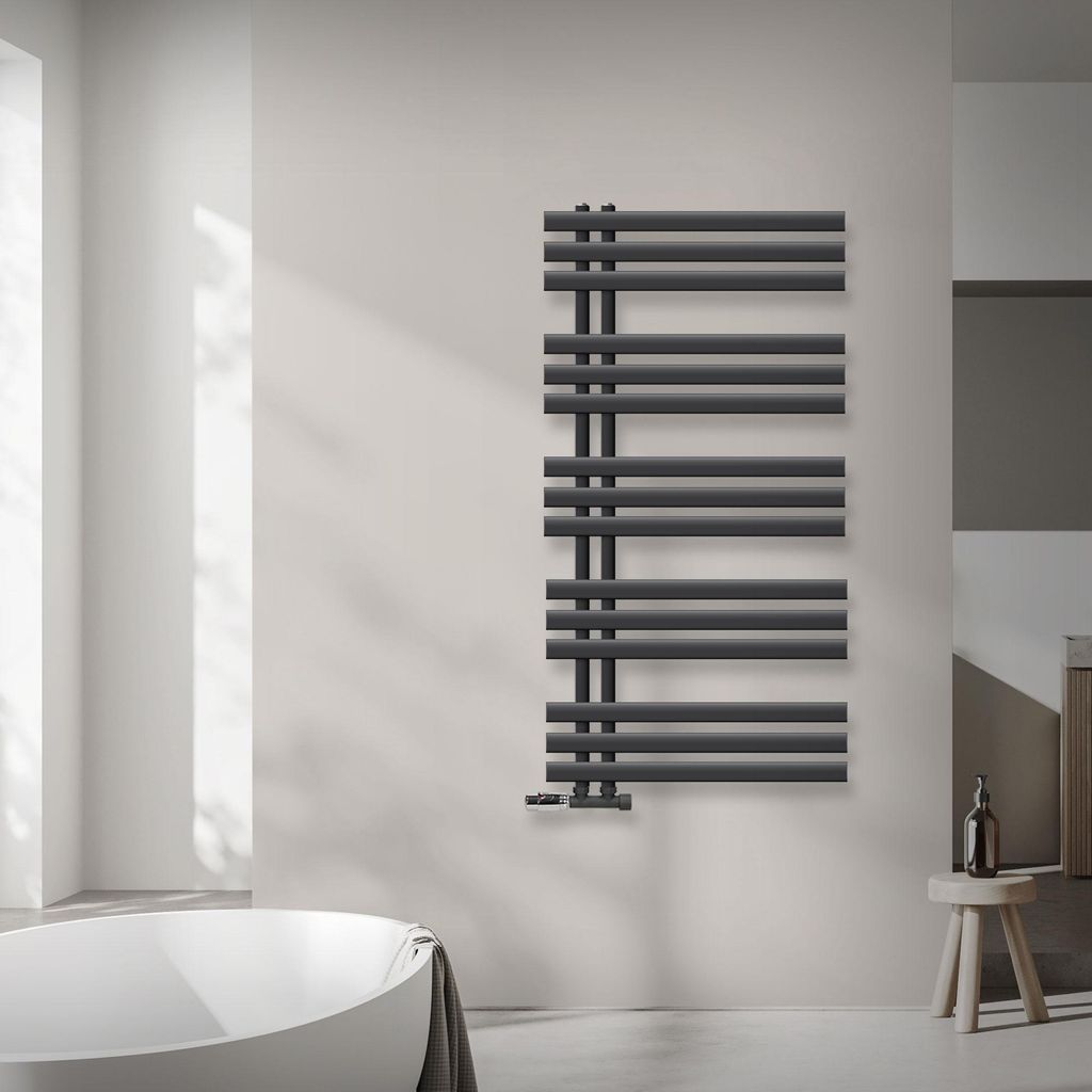 LuxeBath Design Badheizkörper, 600x1200 mm, Anthrazit, Anschlussgarnitur Thermostat Eck Wand, ohne Heizstab