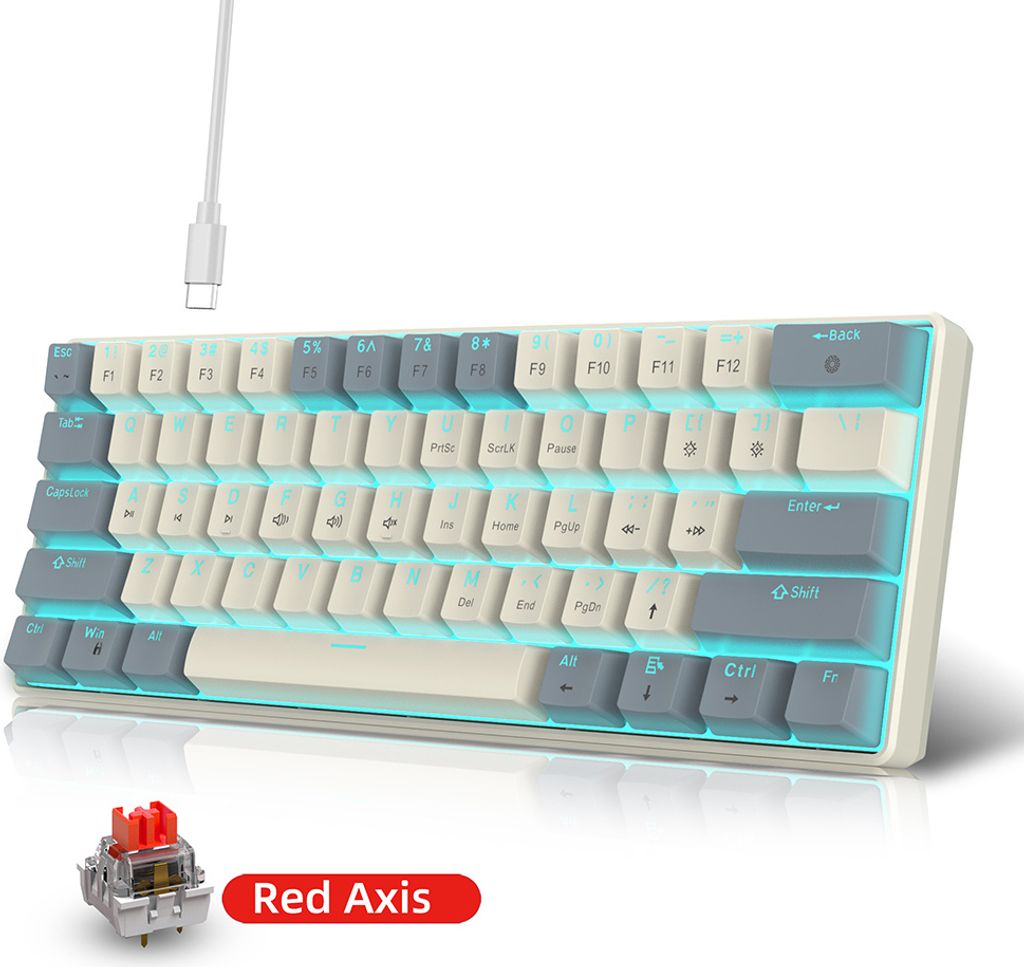Mechanische Tastatur mit rotem Schalter, 61 Tasten, eisblaue LED, USB 2.0, Arm Core, Plug-and-Play fuer Gaming und Buero, kabelgebundene Computerta...