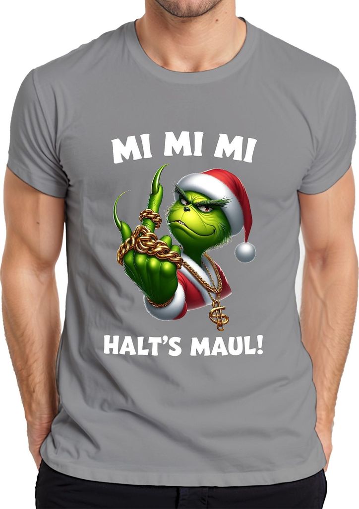 Grinch Weihnachtsgrinch MI MI MI HALT'S MAUL Goldkette HipHop Herren T-Shirt, Grau, XL