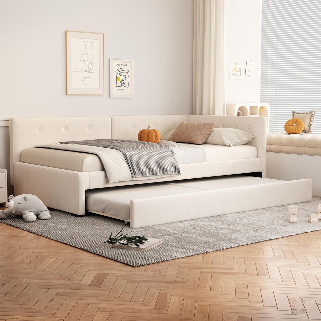 Merax Tagesbett 90x200 cm, Schlafsofa mit Ausziehbett, Einzelbett Daybett, Minimalistisches Design, Jugendbett, Kinderbett, Samt, Beige