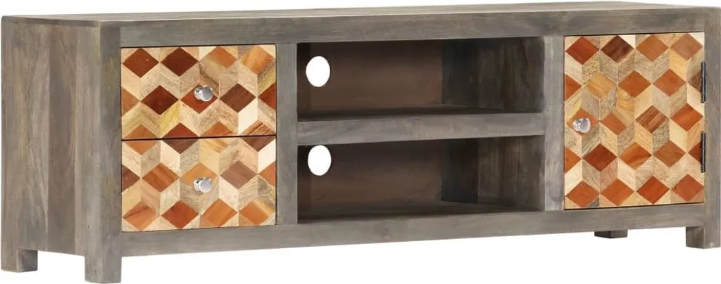 Meuble TV robuste bois massif gris 120 cm fini les meubles fragiles