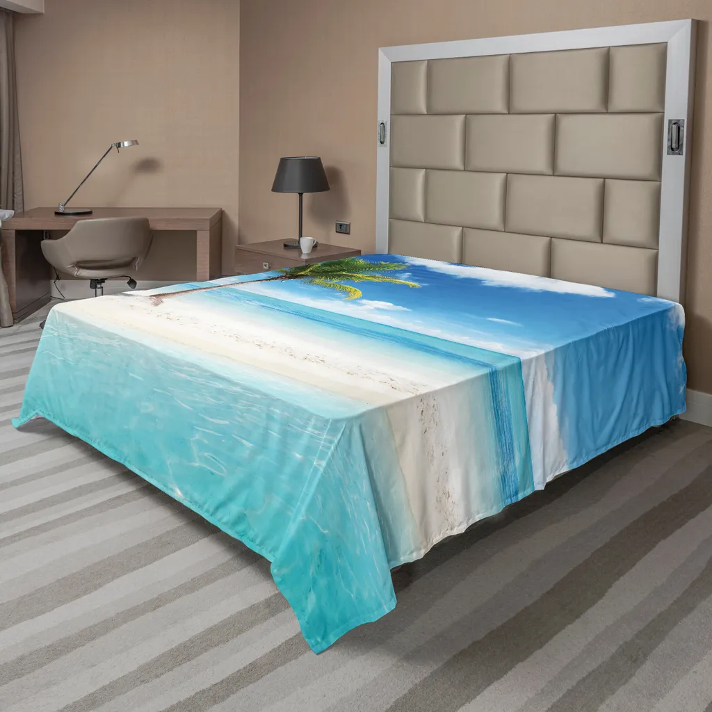 Drap plat décoratif paysage marin pour grand lit 260x228 cm vert et aqua