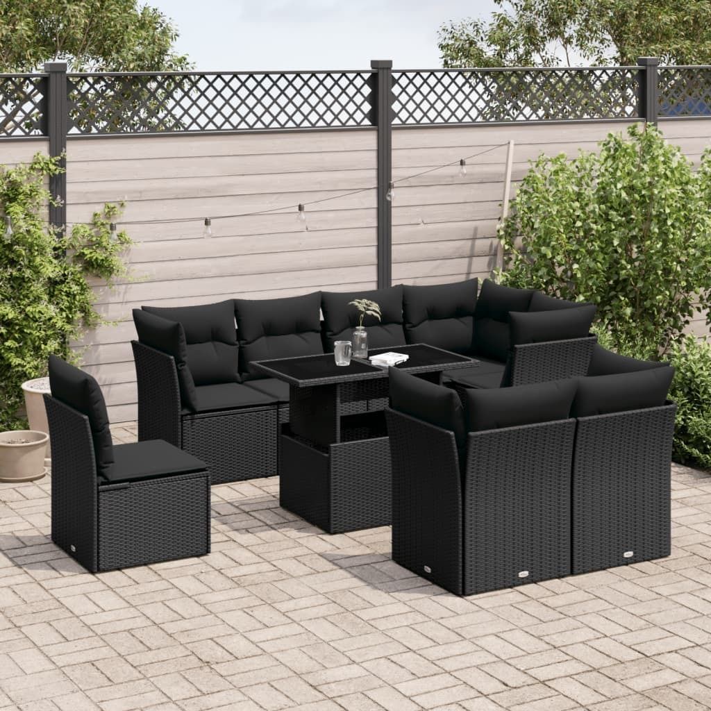 Möbel 9-tlg. Garten-Sofagarnitur mit Kissen Schwarz Poly Rattan - Loungegruppe 3266725
