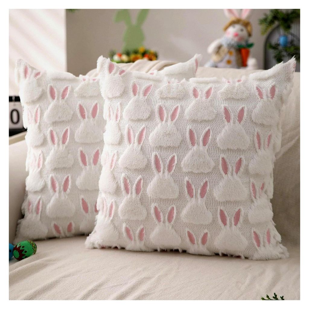 Kissenhülle 45x45 cm 2er Set, Osterdekoration, Rosa Ohren, Moderner Osterhase Kissenbezug mit 3D Struktur für Sofa, Couch, Wohnzimmer, Schlafzimmer