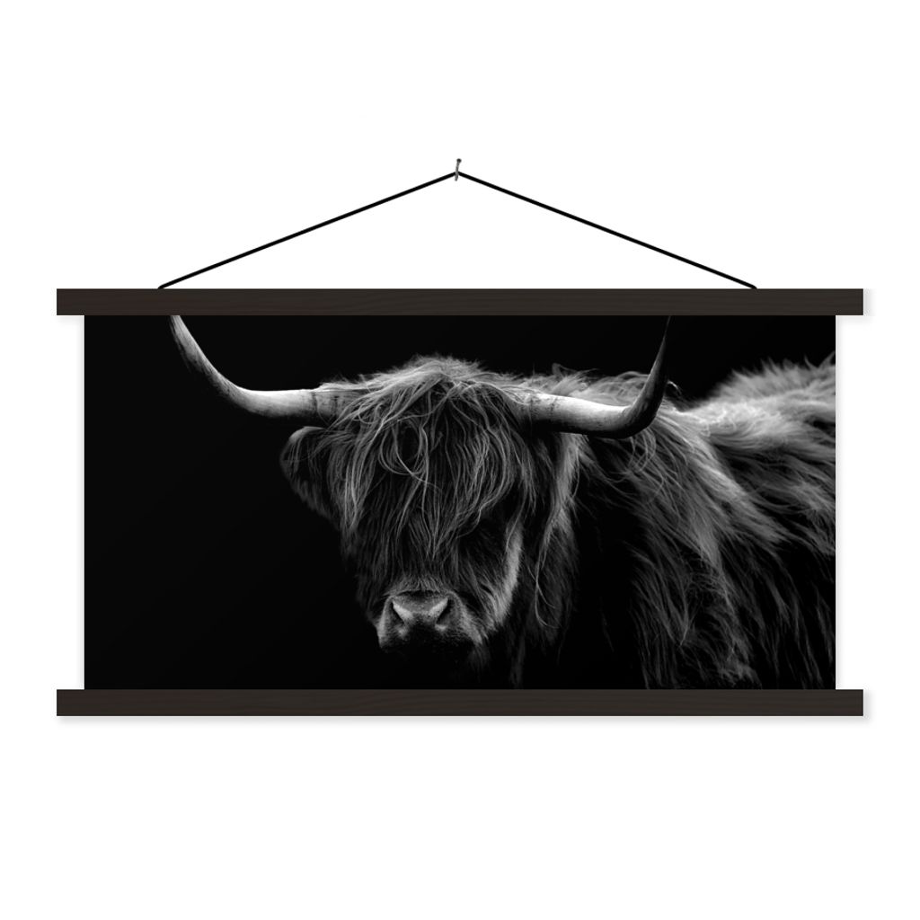 MuchoWow Textilposter Schottischer Highlander - Hörner - Schwarz - Tiere - Natur - Wild - Kuh 150x75 cm mit schwarzem Rahmen - Posterleiste