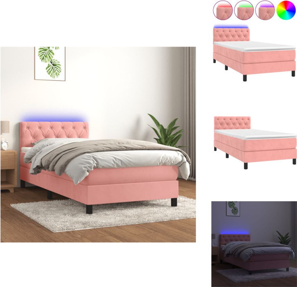 vidaXL Boxspringbett mit Matratze & LED Rosa 80x200 cm Samt - Betten & Bettgestelle